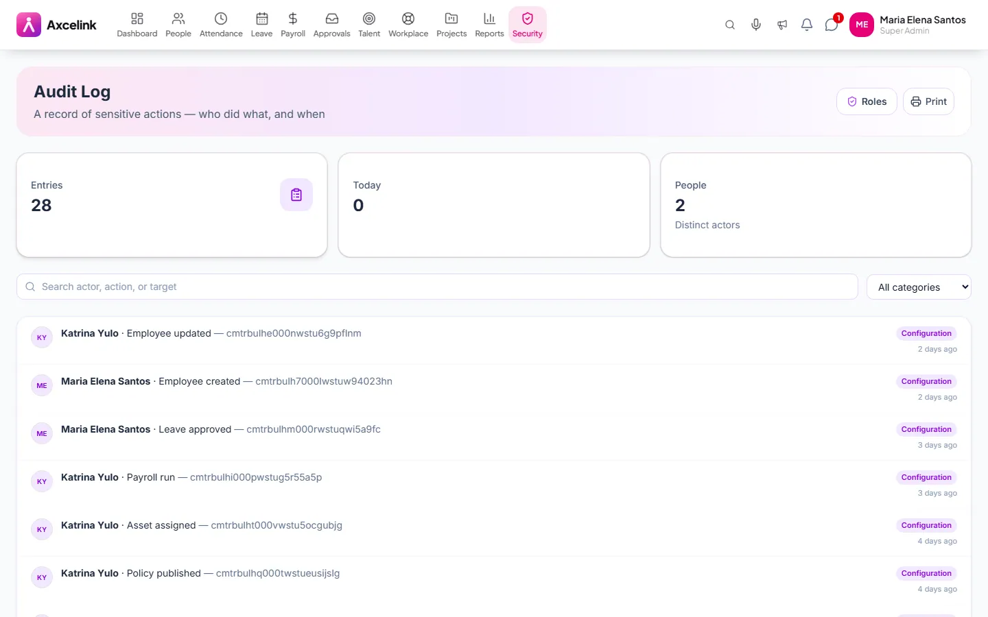 The audit log listing sensitive actions with actor, target and timestamp.