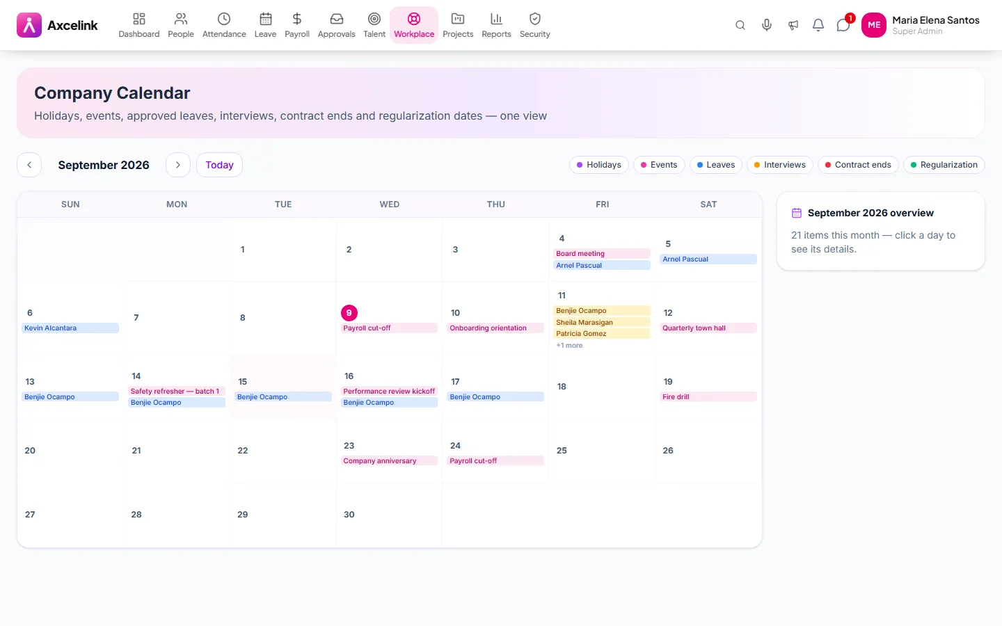 The company calendar showing holidays, approved leave and events together.