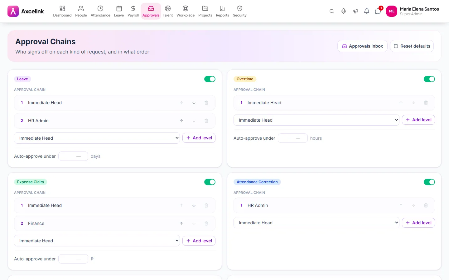An approval chain configuration screen showing ordered approver steps.