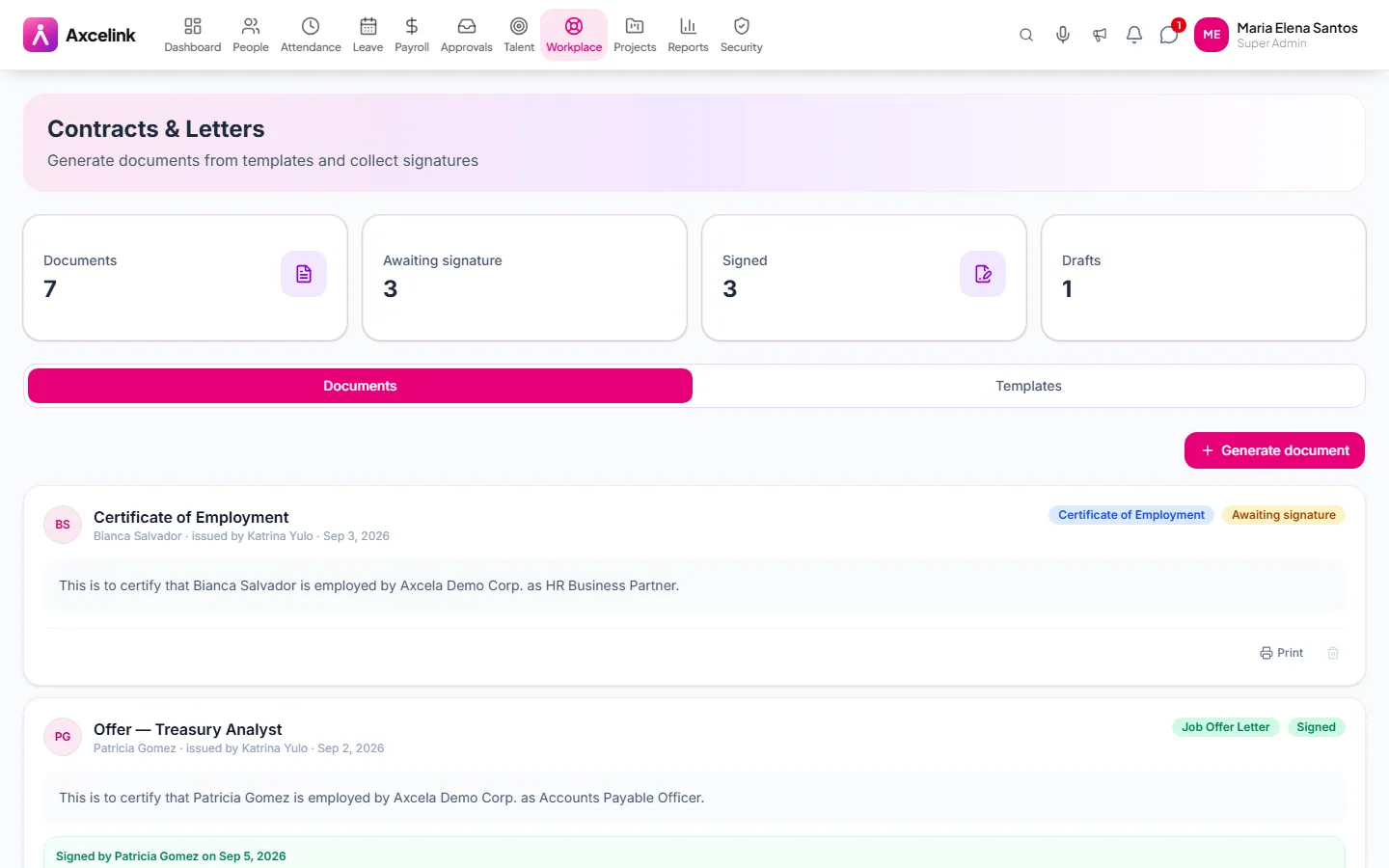The contracts and letters screen listing generated documents by employee.