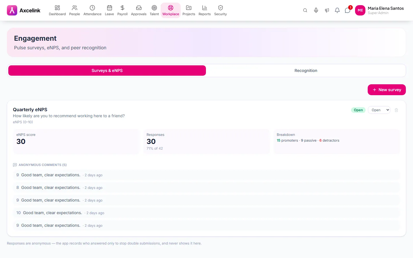 The engagement dashboard with eNPS score and trend over recent periods.