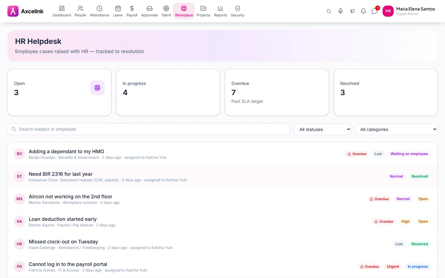 The helpdesk ticket queue with categories, assignees and statuses.