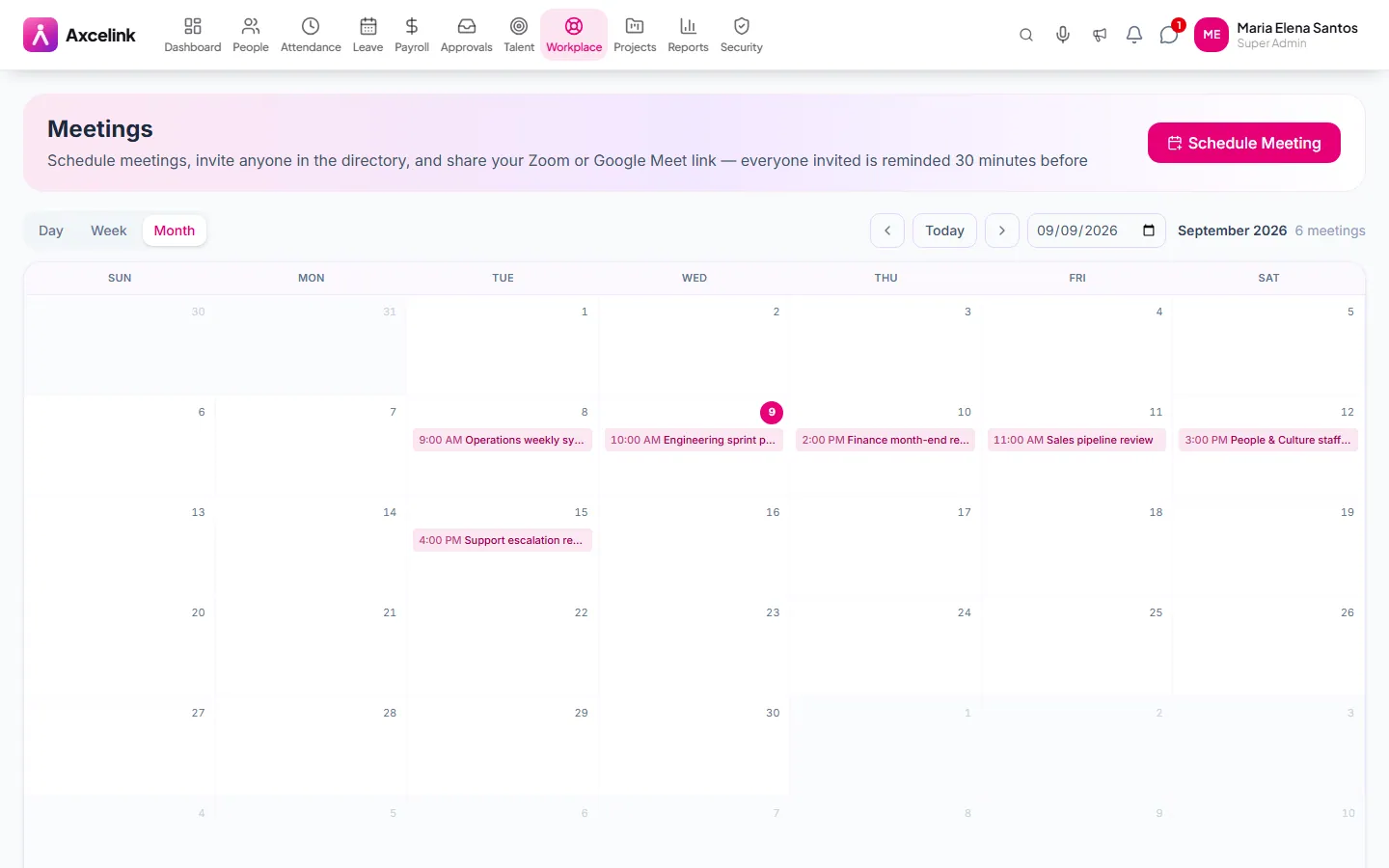 The meetings list showing upcoming meetings with agendas and participants.