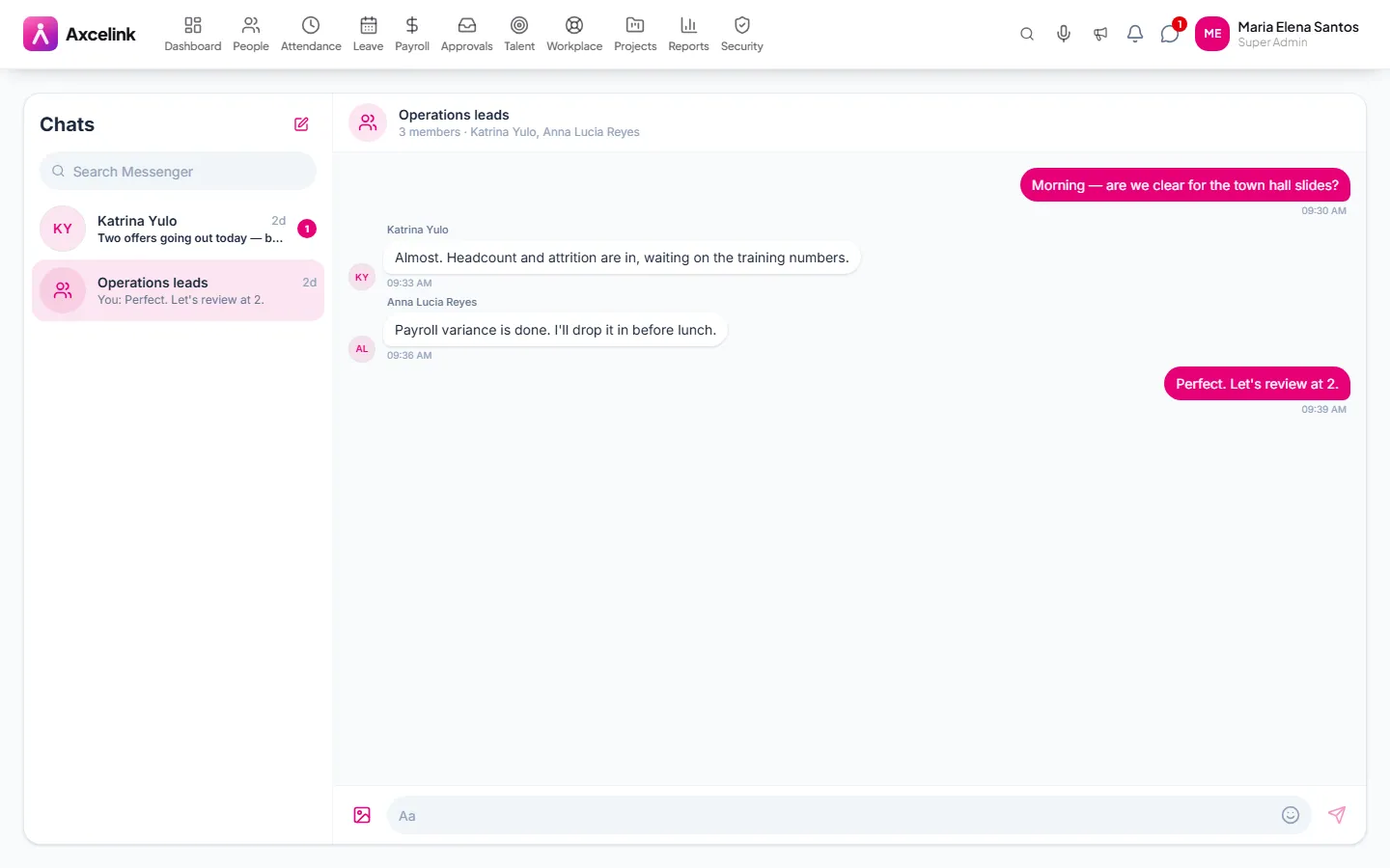 A messenger conversation list alongside an open thread with attachments.