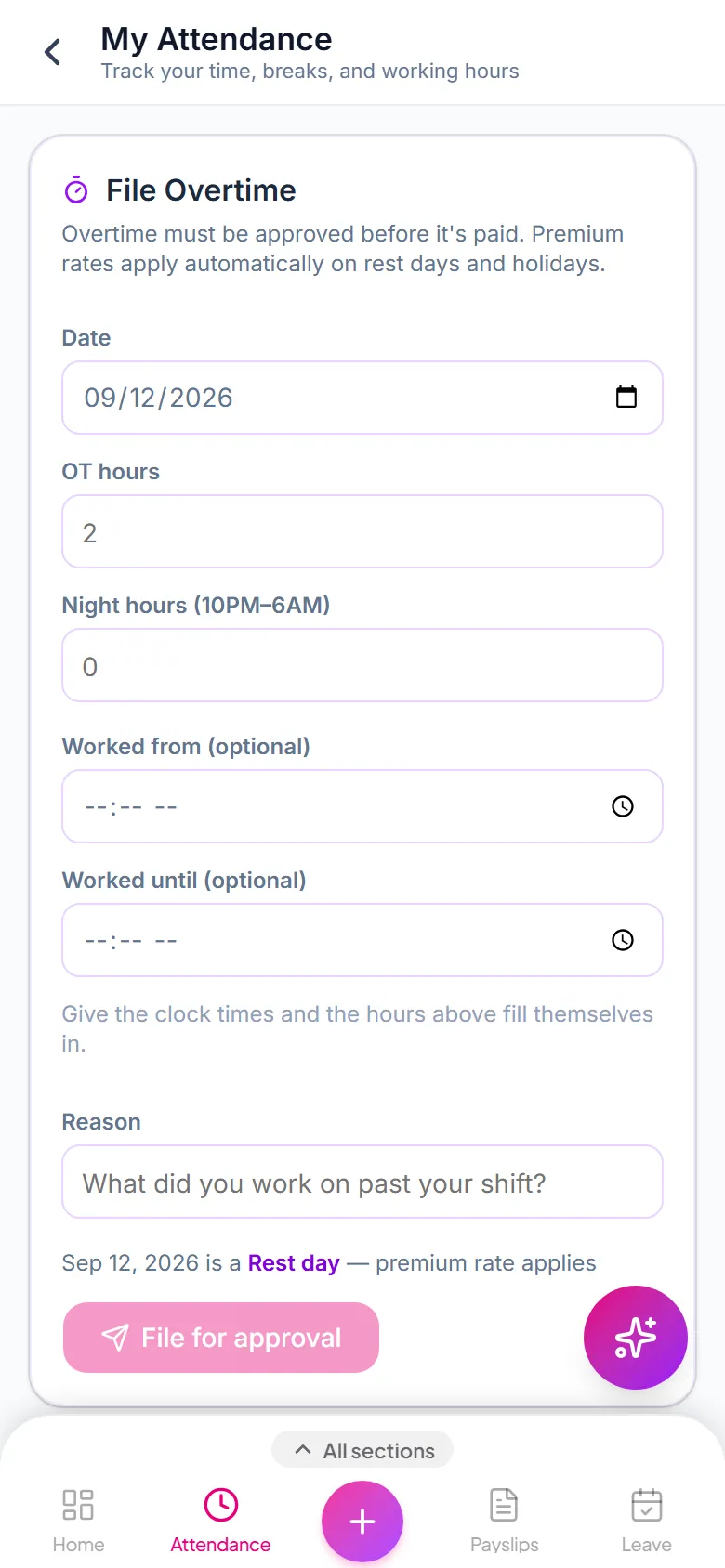 The same attendance module on a phone: the week's hours and the punch controls.