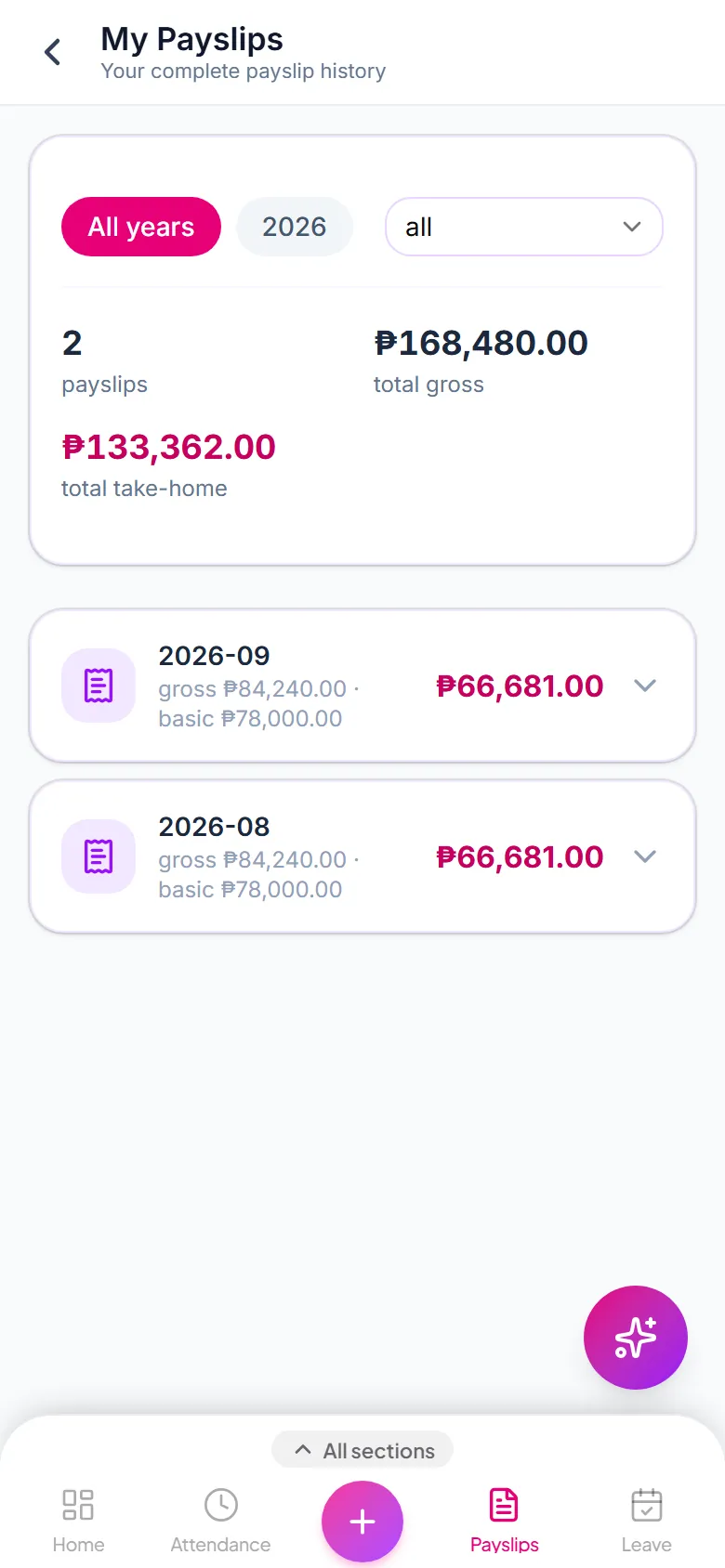 The payslip list on a phone, with gross, basic and take-home for every period paid.