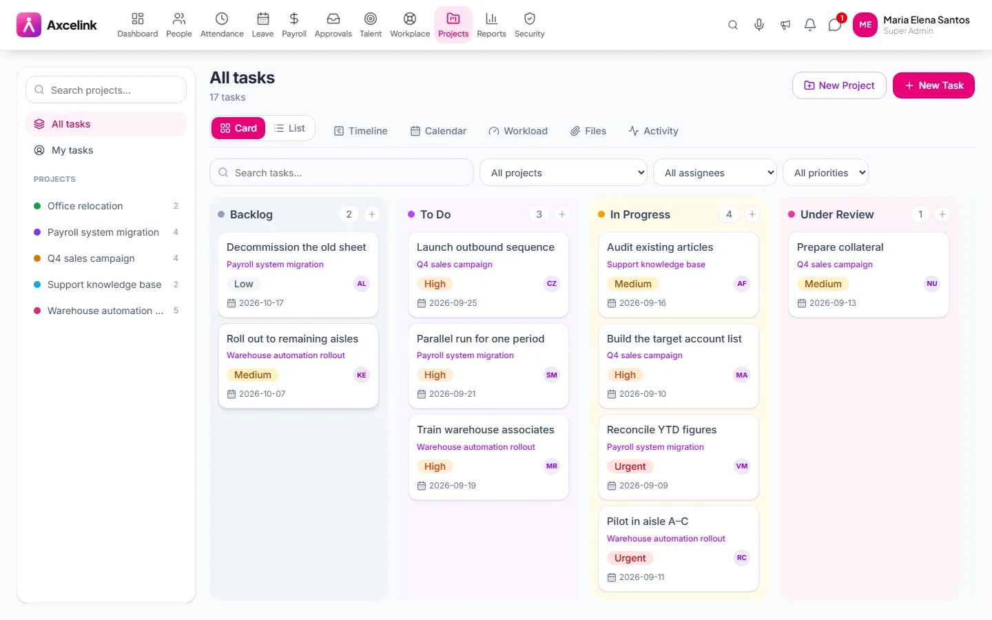 The project board with tasks arranged in columns by status.
